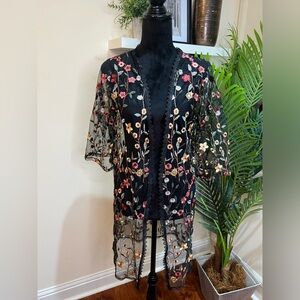 Vivid Floral Embroidered Black Mesh Swim Cover Up/Kimono w/ Lace Trim Large